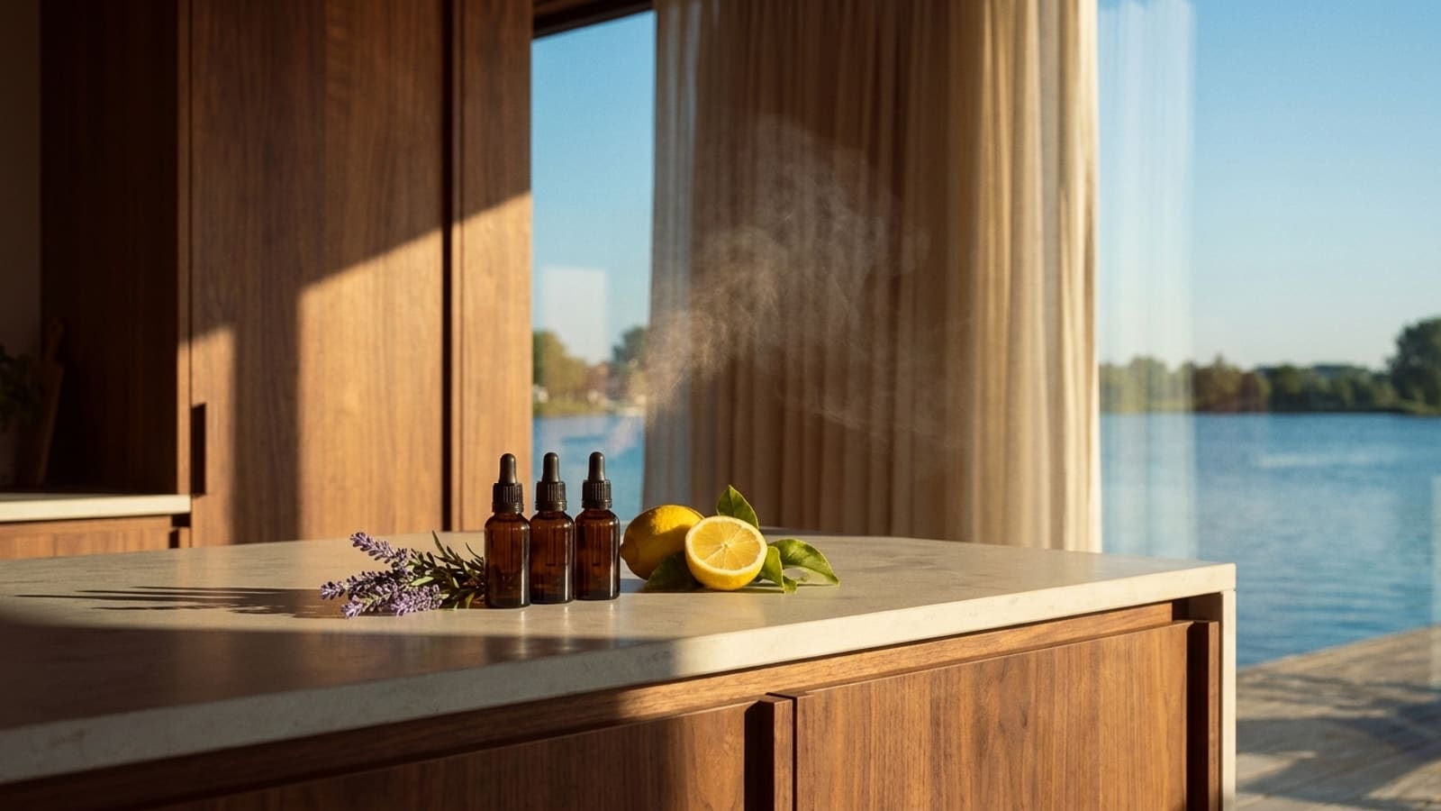 Drei braune Tropfflaschen neben einem Lavendelzweig und zwei Zitronen, eine davon halbiert, auf einer hellen Arbeitsplatte, dahinter ein feiner Nebel im Sonnenlicht vor einem Fenster mit Vorhang und Blick aufs Wasser