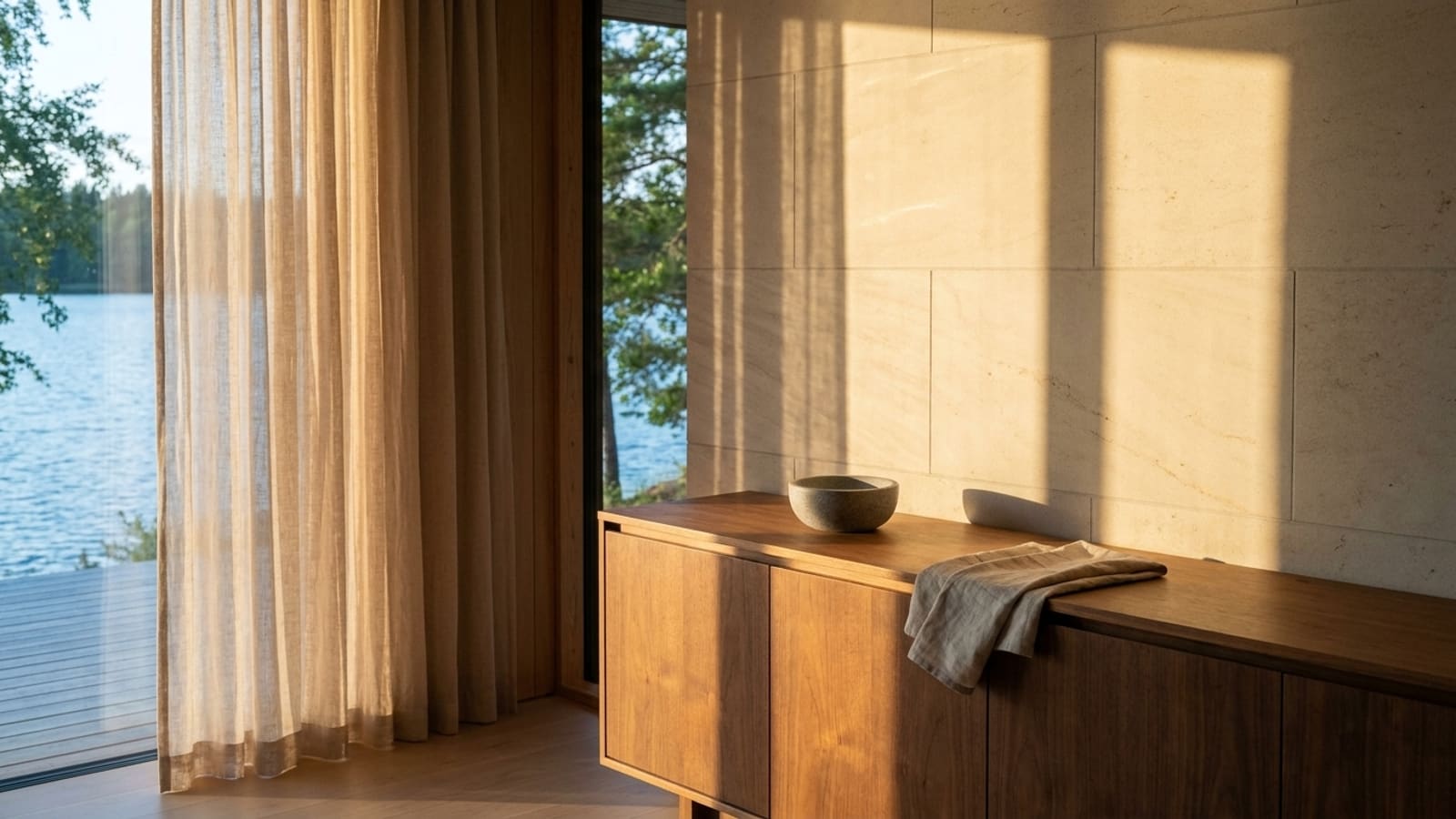 Holz-Sideboard mit einer kleinen Steinschale und einem gefalteten Tuch vor einer hellen Steinwand, links ein durchscheinender Vorhang, tief stehende Sonne und Blick auf Wasser und Bäume