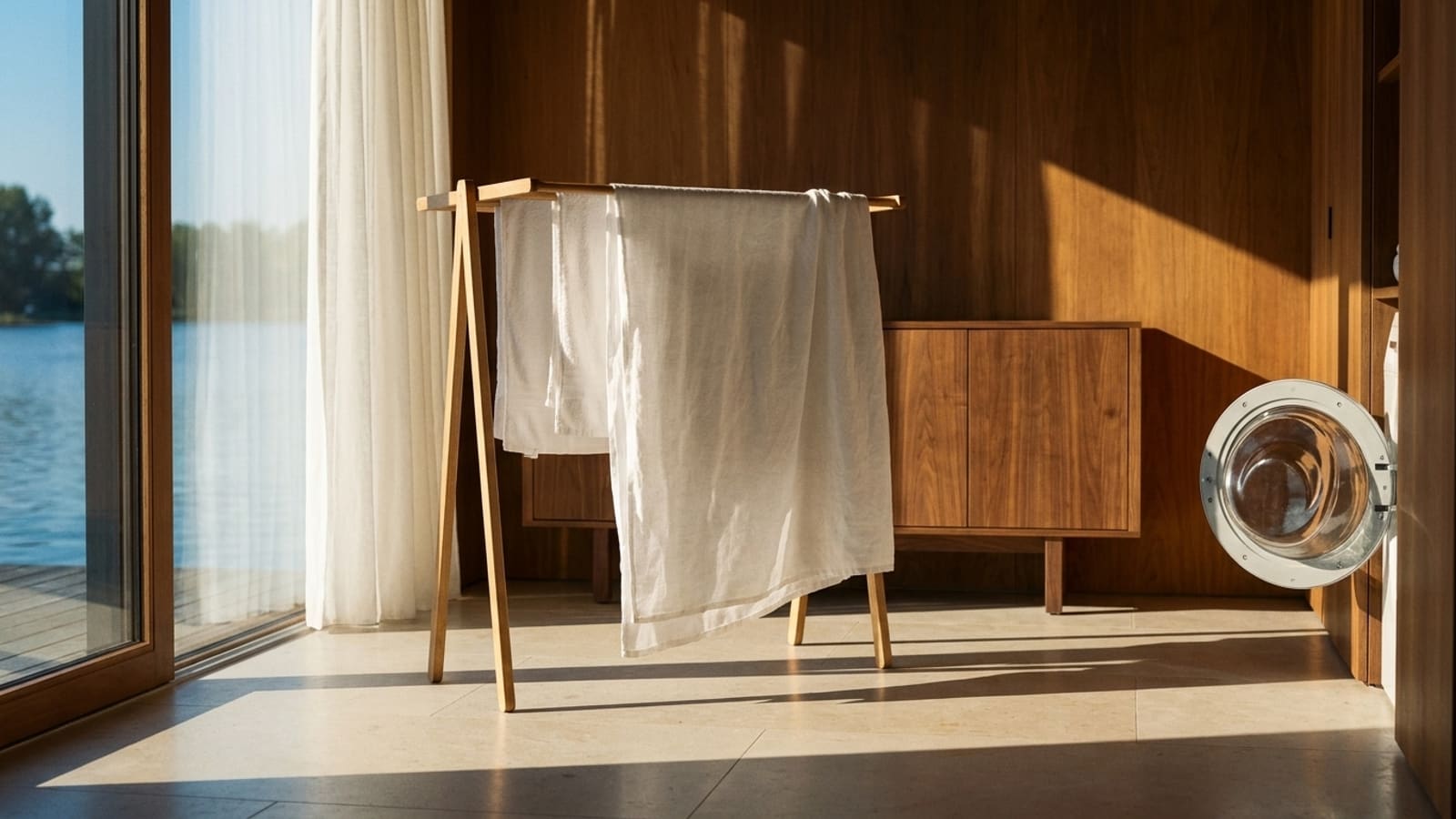 Ein weißes Handtuch und ein weißes Laken auf einem hölzernen Wäscheständer vor einem bodentiefen Fenster mit durchscheinendem Vorhang und Blick aufs Wasser, dahinter eine Holzwand mit Sideboard, rechts die geöffnete runde Tür einer Waschmaschine